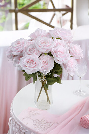 Yapay Çiçek Deposu Artificial Flower 7 Branched Puket Rose Bunch 40 cm Powder