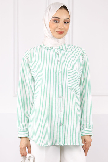 İmajButik Green Single Pocket Striped Shirt