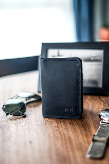 naft Servi 6+2 Compartment Unisex Vertical Leather Card Holder Wallet - Antique Black (Anthracite) - Keychain Gift Set