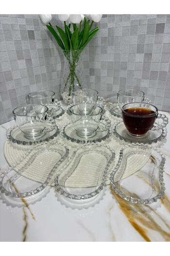 KRD Home 15 Parça Girona 6'lı Boncuklu Cam Çay \ Kahve Fincan Seti 3'lü Cam Çerezlik Hediyeli