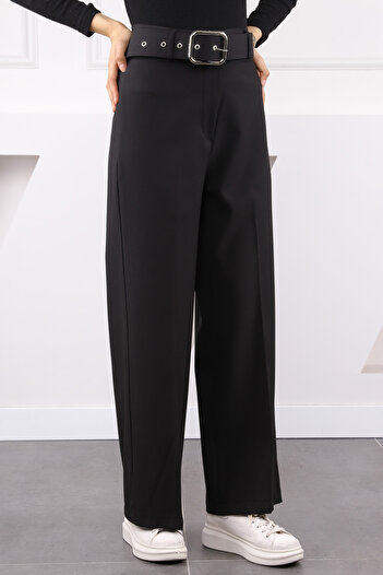 İmajButik Black Wide Leg Belted Fabric Trousers