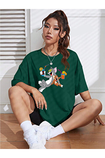 ciwi&life Unisex Tom and Mickey Printed Relaxed Cut Green T-Shirt