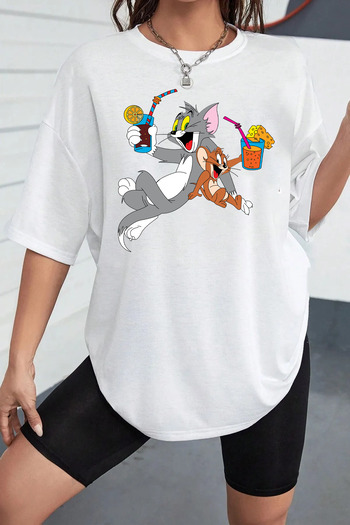 ciwi&life Unisex Tom and Mickey Printed Relaxed Cut White T-Shirt