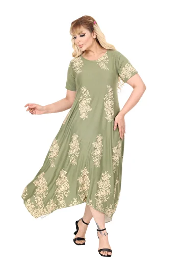 MELSAY Women's Short Sleeve Asymmetrical Khaki Panel Pattern Large Size Dress