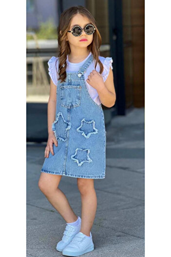 Marka Sensin Kids Girl's Star Embroidered Salopet White T-Shirt Set of 2
