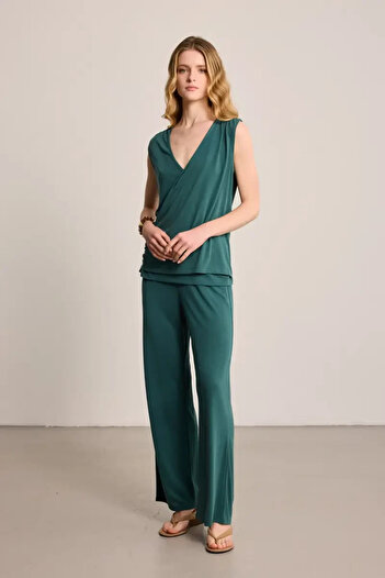 Gusto Modal Knitted Trousers with Elastic Waist - Green