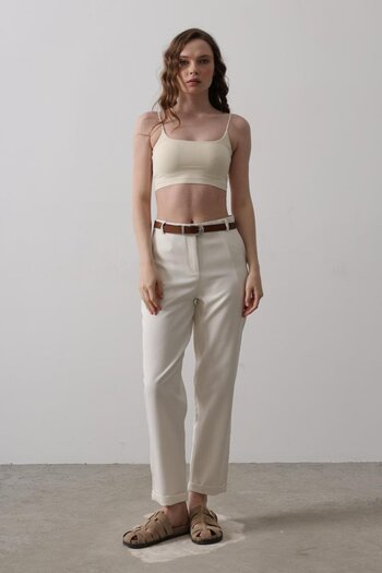 MRA Fashion Belted Carrot Trousers - Ecru