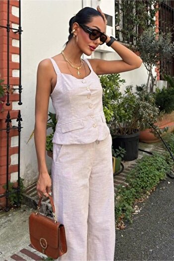 Edolika Thick Strap Blouse Trousers Linen Suit 10187