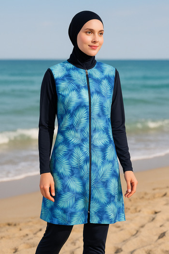 İYİBU Liamay Blue Leaf Pattern Full Covered Hijab Swimsuit 4 Pieces Water Repellent, Parachute Fabric