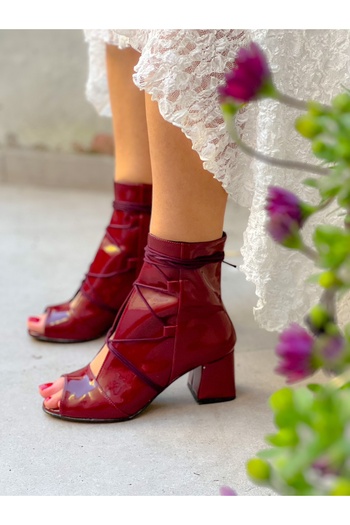 BERFONA Smile Burgundy Patent Leather 5 cm Heel Summer Boots Sandals