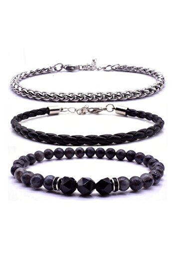 REDz Accessories Set de 3 brățări, Pietre Negre, Bărbați, Negru