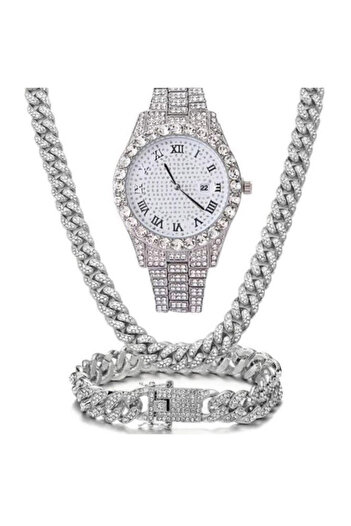 REDz Accessories Set cadou cu 3 accesorii cubaneze, bărbați, cristale de zirconiu, cascadă de cristal, oțel inoxidabil, argintiu