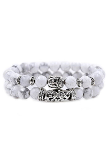 REDz Accessories Set de 2 brățări Buddha, aspect de marmură, elastice, alb/argintiu