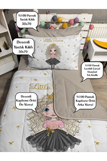 yok yok evim eve dair her şey Quilted Beige Pirencess 4-Piece (100% Cotton 100X200 with Elastic Sheets) Single Bedspread Set