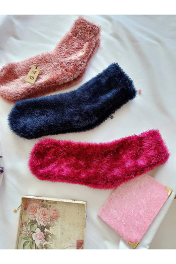 ENEFENDİ 3 Pairs Furry Winter Thermal Booties Seamless Socks Rose K Lacquer Fuchia 36-41.