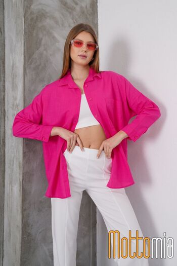 mottomia Women's Oversize Flared Linen Shirt – Summer, Single Pocket, Comfortable and Stylish Design