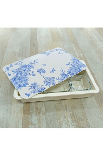 Pinkev Set of 6 Glass Breakfast Bowls with Melamine Tray - Blue Floral