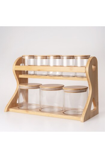 Hinora Round Glass 8 Piece Spice Set with Stand and Bamboo Lid 35X23X12Cm Airtight with Silicone Lid