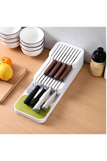 Herum Knife holder, 2 levels, for short or long blade knives, 18 compartments, White, 39.7 x 14.5 x 7.5 cm