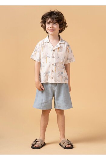 Magu Boy's Palm Tree Patterned Shirt Suit Shorts Summer Set of Two