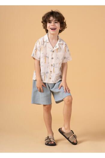 Magu Boy's Palm Tree Patterned Shirt Suit Shorts Summer Set of Two