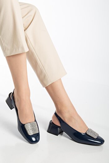 Dilimler Ayakkabı Large Size Women's Short Heeled Shoes Navy Blue Square Stone Open Heel