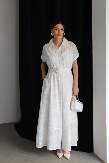 Julidress Ecru White Separately Lined Belted Long Scallop Dress
