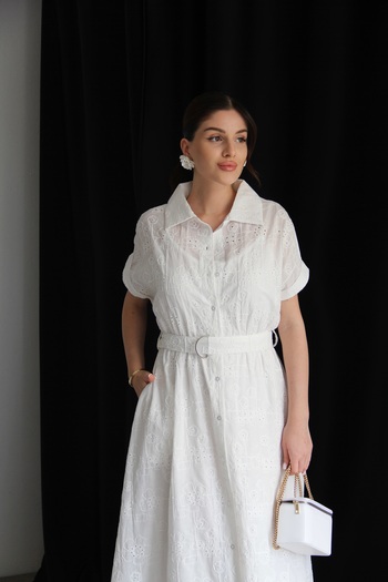 Julidress Ecru White Separately Lined Belted Long Scallop Dress