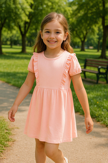 TRENDYOLKIDS Salmon Female Child 100% Cotton Ruffle Short-Sleeve Mini Holiday Knitted Dress Tkdss25El00065