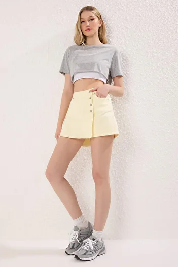 Trendyol Collection Yellow Button Detail High Waist Denim Shorts Skirt Twoss22Sr0448