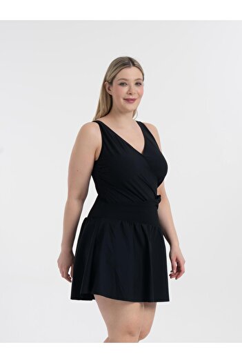 AQUAVİVA Women's Black Plus Size Dakota Double Breasted Detail Shorts Dress Swimsuit