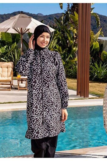 Mayom Quick Dry Parachute Fabric Patterned Hijab Swimsuit - 2536