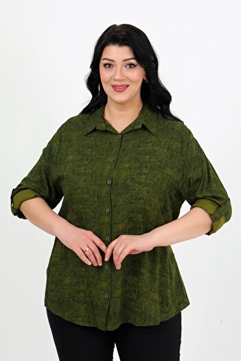 By Alba Collection Women's Khaki Patterned Cotton Viscose Large Size Shirt