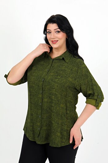 By Alba Collection Women's Khaki Patterned Cotton Viscose Large Size Shirt
