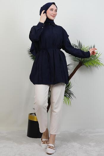 GİYZAMİLA Sleeve and Pleat Detail Shirt Navy Blue