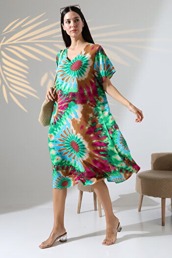 LİKAPA Likapa Summer Large Size Viscose V-Neck Short Sleeve Dress 2688