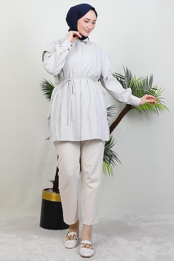 GİYZAMİLA Sleeve and Pleat Detail Shirt Stone