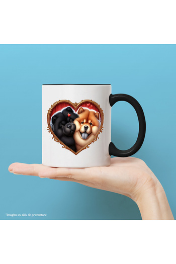 StoryGift Romania Cana cu o catelusa si un caine Chow Chow | ilustratie | cadru in forma de inima , Cu Maner Negru