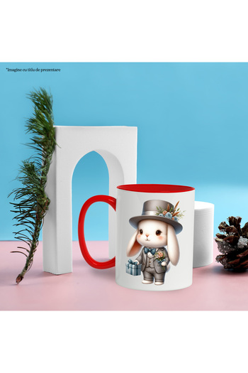 StoryGift Romania Mug with a bunny in a costume, illustration, hat, gift, bouquet of flowers, but p, With ,STG