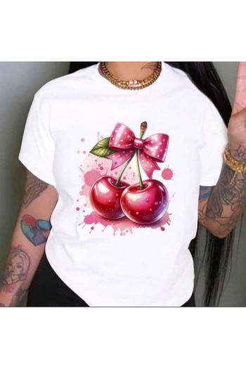 PENTHİLUS Casual Short Sleeve T-Shirt - Women's Oversized Pink Cherry Printed Round Neck T-Shirt, Summer Design