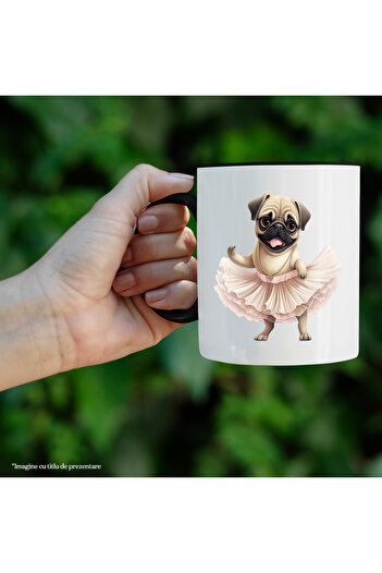 StoryGift Romania Cana cu Pug, danseaza, fusta, caine, animal de companie, ilustratie, balet, lant, Cu Maner Negru