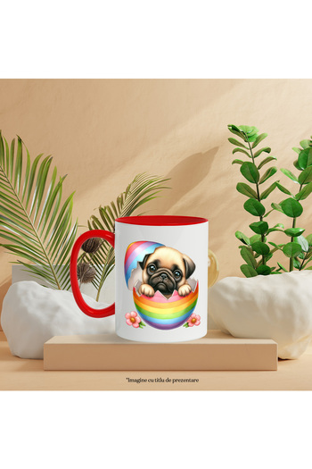StoryGift Romania Mug with a Pug puppy | illustration | shy | coming out of a broken egg | flowers | pink, With ,STG