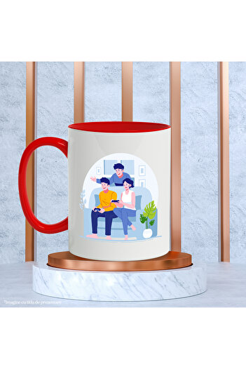StoryGift Romania Cana Cu Prieteni, Jocuri Video, Controller, Canapea, Multicolor 330 ml, Ceramica, Cu Maner Rosu