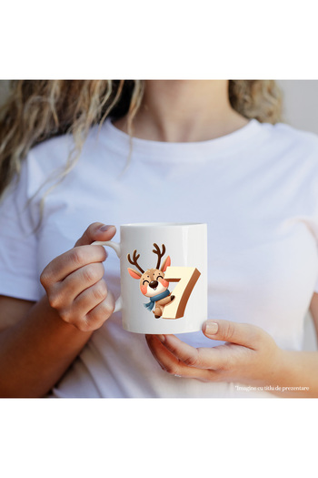 StoryGift Romania Cana cu un ren care tine cifra "7" | scoala | matematica | invata | elevi | anim, Cu Maner Alb