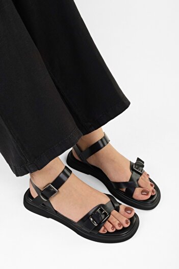 Shoeberry Women's Elina Black Skin Belted Flip Flops Sandals