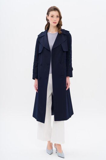 Olcay Premium Trench Coat with Beads on the Sleeves and Embroidery Detail Water Repellent Dark Blue 6688