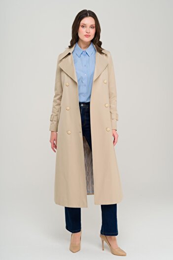Olcay Double Breasted Water Repellent Trench Coat with Special Stitching Detail Beige 6703