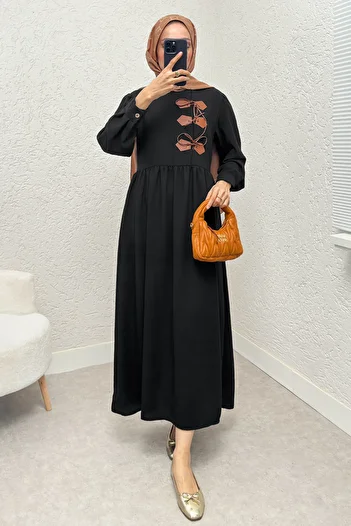 ALLMİRA FASHION Linen Dress with Leather Detail on the Front