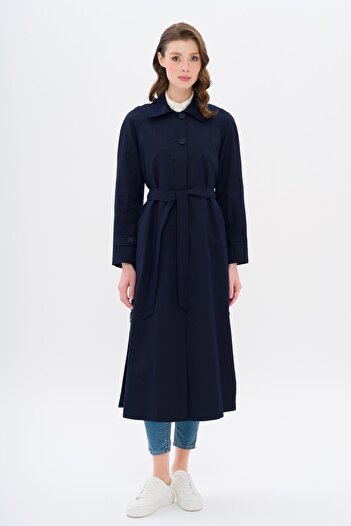 Olcay Shirt Collar Side Slit Lined Water Repellent Long Trench Coat Dark Blue 6700
