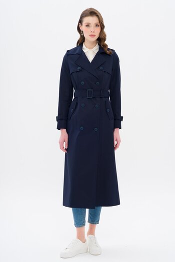Olcay Epaulette and Cape Trench Coat, Detailed Double Breasted and Water Repellent Dark Blue 6695